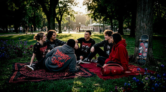 Young people wearing diverse band merch outdoors