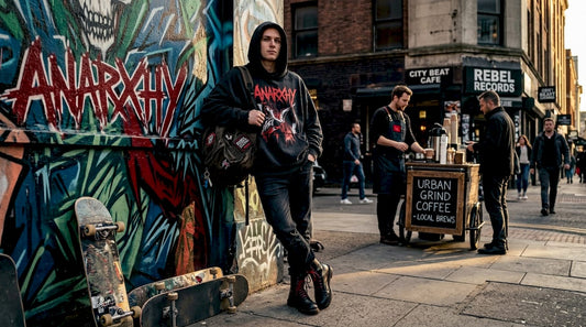 Person showcasing streetwear on city street corner