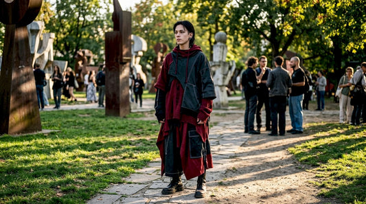Person wearing avant-garde streetwear on urban sidewalk