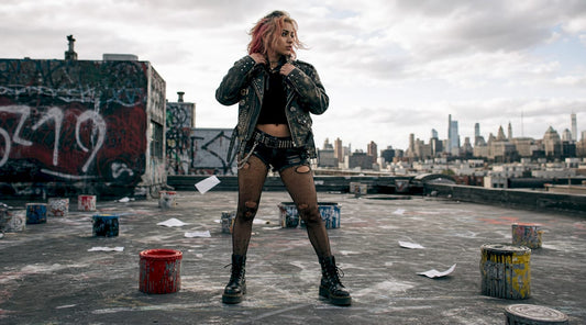 Young woman in punk attire in graffiti alley