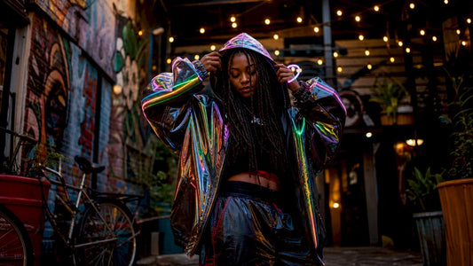 Model wearing neon rave-inspired streetwear outdoors