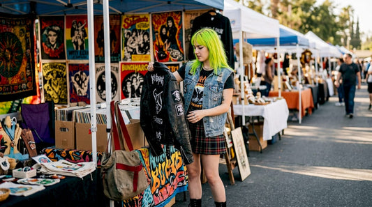 Person browsing punk fashion vinyl store