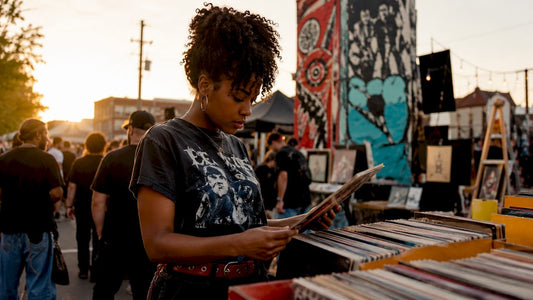 Young woman browsing records wearing band tee