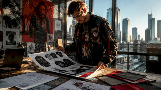 Esports fashion designer reviewing apparel samples at desk