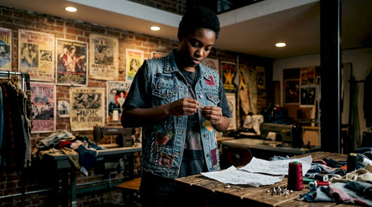 Woman sewing DIY punk fashion in sunlit loft