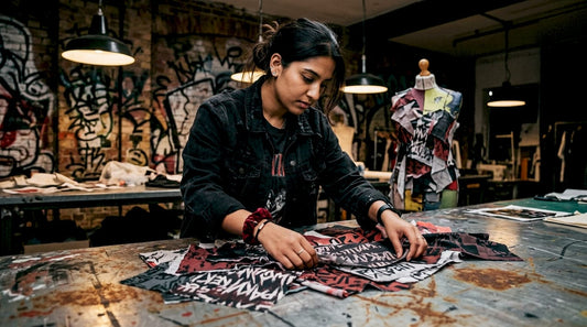 Designer arranging typographic fabric samples