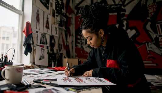Fashion designer sketching game-inspired apparel