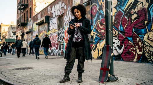 Young woman wearing bold statement streetwear outdoors