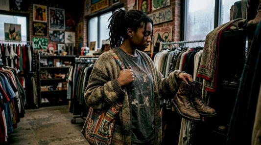 Woman shopping thrifted streetwear outfit