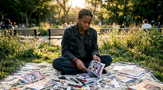 Young woman organizing punk music fashion zines in loft
