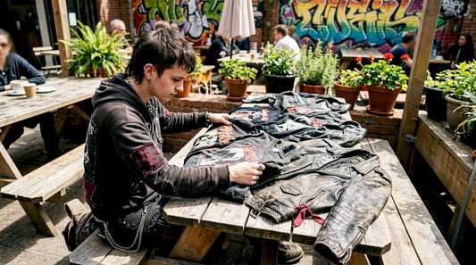 Person examining punk fashion clothes