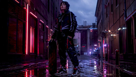 Woman in futuristic streetwear on city sidewalk