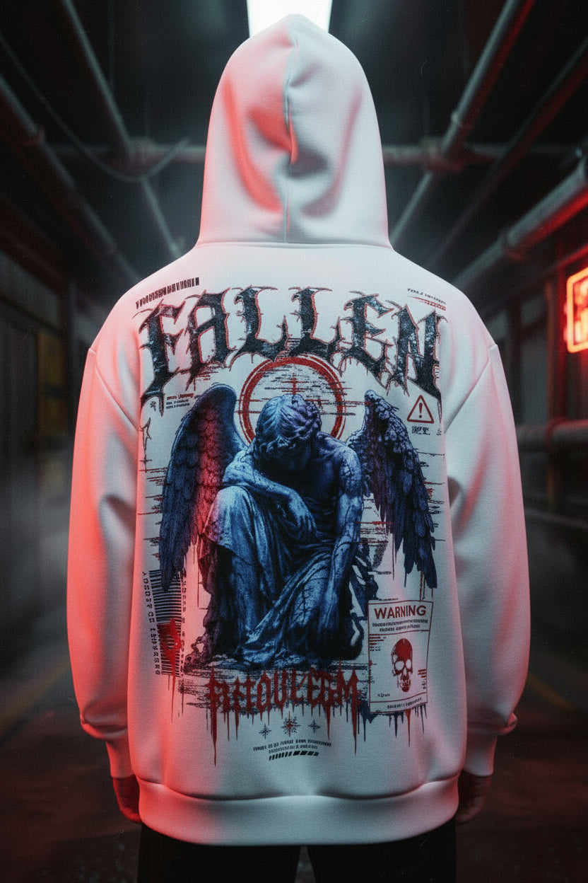 ANARXHY oversized cyberpunk hoodie featuring fallen angel graphic design, underground dystopian streetwear aesthetic, cinematic red and blue neon lighting, luxury urban fashion, futuristic rebellion inspired apparel, dark cybernetic fashion campaign, premium oversized hoodie with gothic cyberpunk artwork