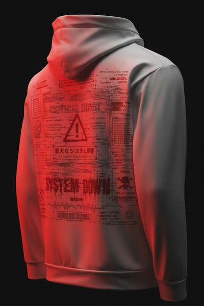 White hoodie with red and black text and graphics on a white background