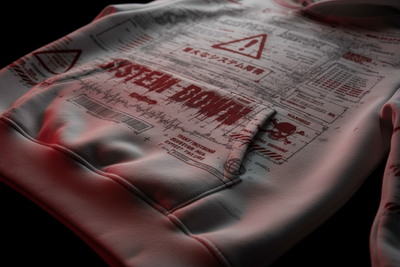 White hoodie with red and black text and graphics on a white background