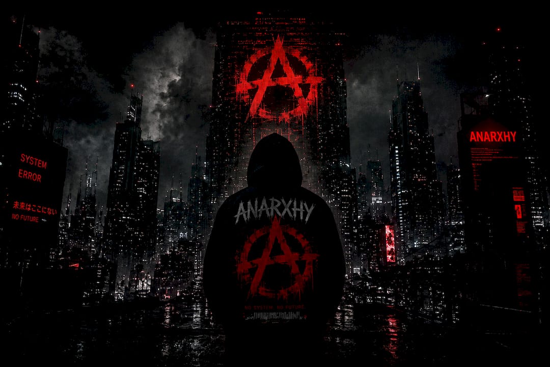 ANARXHY cyberpunk streetwear campaign featuring dystopian futuristic city skyline, oversized black hoodie with red anarchist symbol, neon system error visuals, underground luxury fashion aesthetic, cinematic sci-fi atmosphere, dark cybernetic urban environment