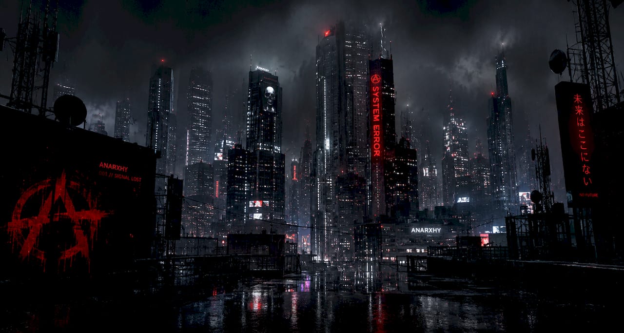 ANARXHY cyberpunk city skyline with neon red dystopian atmosphere